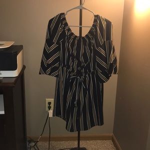 Blue and yellow striped off -the shoulder dress